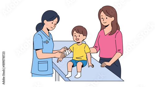 Child's medical care: A tender illustration depicts a nurse gently attending to a child's injury, supported by a caring parent, symbolizing comfort and healing.