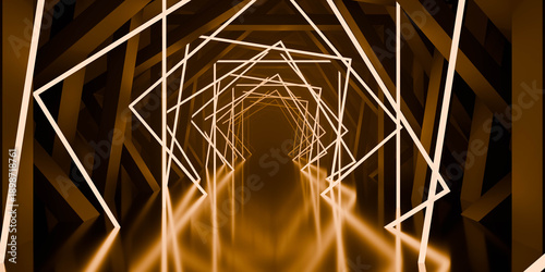 Amber neon geometric tunnel 3d render