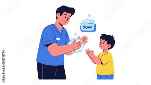 Handwashing Instruction: A caretaker demonstrates proper handwashing technique, guiding a child through the process with a focus on hygiene and health.