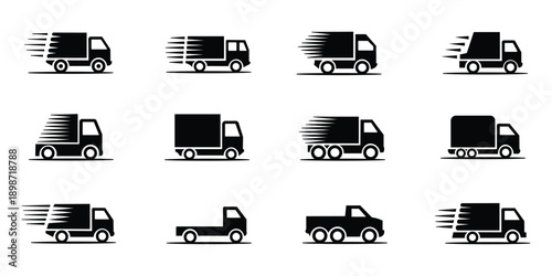 Delivery Truck Speed Icons Set for Fast Shipping and Logistics Silhouette Vector