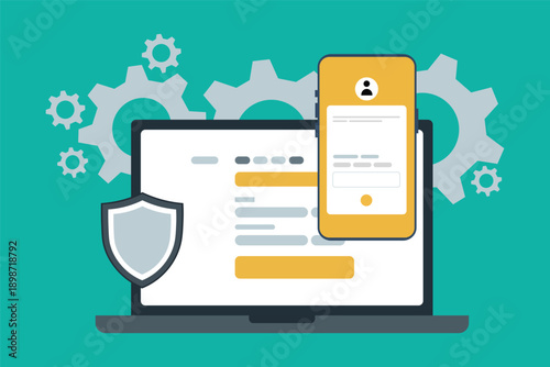 Secure Login and User Authentication System with Shield and Mobile App Flat Vector Illustration