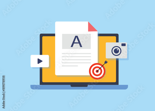 Content Marketing Strategy Illustration with Document, Media Icons and Target