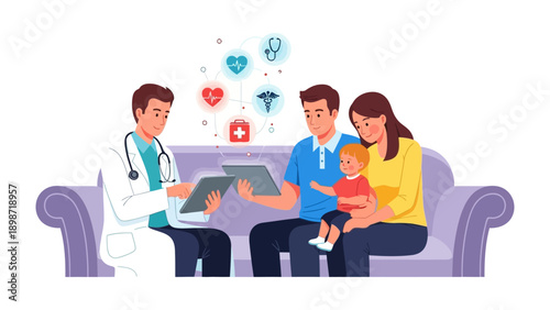 Family Health Consultation: A dedicated doctor engages in a vital health consultation with a family, focusing on overall well-being and preventive care.