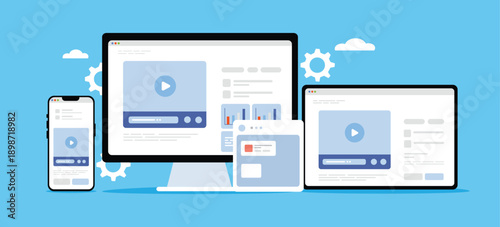 Responsive Web Design and Video Player Interface on Multiple Devices Vector Illustration