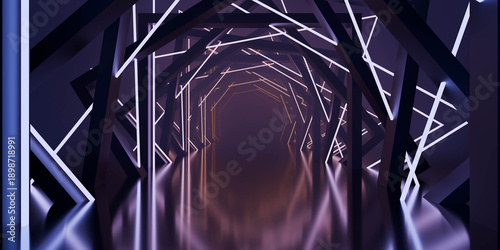 Photography Futuristic neon geometric tunnel 3d render