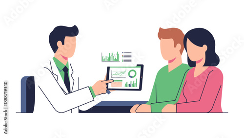 Medical Consultation: A doctor presents a patient's health data on a digital tablet, offering insights into their well-being. Capturing the essence of care.