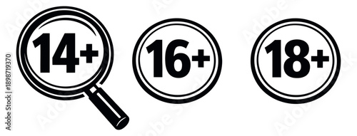Line art age restriction icons set featuring 14, 16, and 18 plus symbols for content rating and media warnings