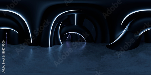 Neon-arched futuristic interior 3d render