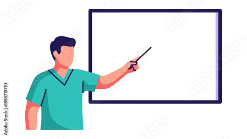 Presentation Insights: A presenter in scrubs gestures towards an empty whiteboard, ready to explain and inform. This visual captures the essence of education, communication, and conveying knowledge.