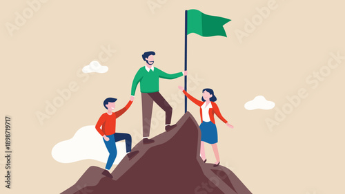 Vector illustration of three people reaching the top of a mountain with a green flag, teamwork and success concept for banner or poster