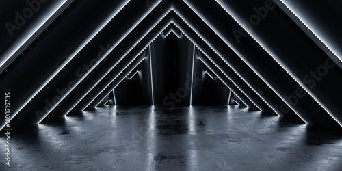 Futuristic triangular tunnel with illuminated arches