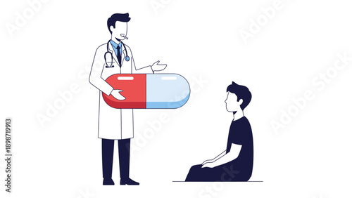 Healthcare Consultation: A medical professional, with stethoscope, offers an oversized capsule as part of the medical treatment to a patient in an illustrative scene. 