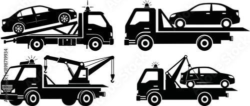 Collection of tow truck icons flat silhouette design for roadside assistance and vehicle transport services isolated on white