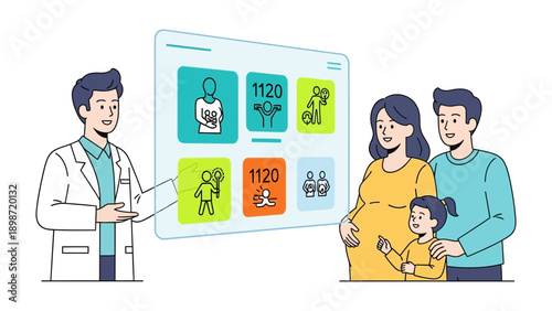 Healthcare Presentation: A doctor explains health information to a family, symbolizing healthcare access, emphasizing the importance of family wellness and support. 