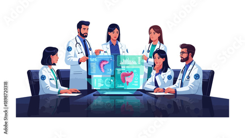Medical Collaboration in Focus: A dedicated team of medical professionals converges around a holographic display, their collaborative efforts aimed at advanced analysis and treatment.