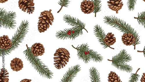 Cozy winter seamless pattern of hand drawn pine cones evergreen branches and red berries on a white background.