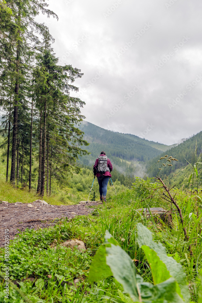 Fototapeta premium Female Hiker with Backpack on Mountain Path