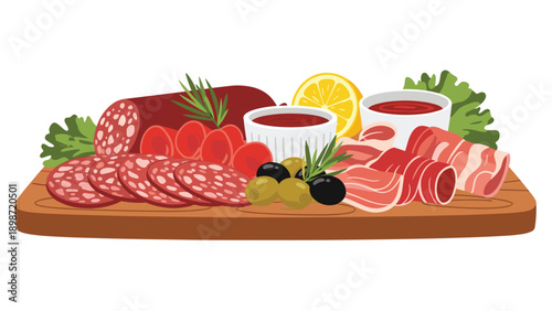 Gourmet charcuterie board featuring assortment of sliced salami and ham and bacon with olives and lettuce for appetizer serving.