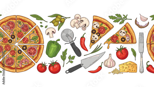 Pizza ingredients and preparation tools illustration showing a whole sliced pizza with mushrooms, peppers, tomatoes, and olives.