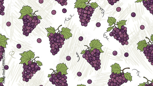 Seamless pattern of purple grapes with green leaves hand drawn on a textured white background for wine and fruit themes.
