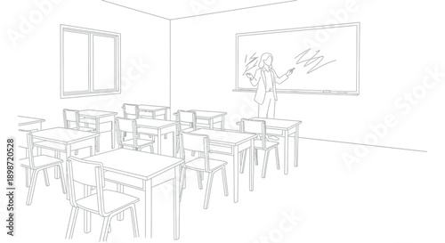 Simple line art drawing depicts a professional female teacher standing confidently before a whiteboard in an empty classroom filled with orderly student desks and chairs.