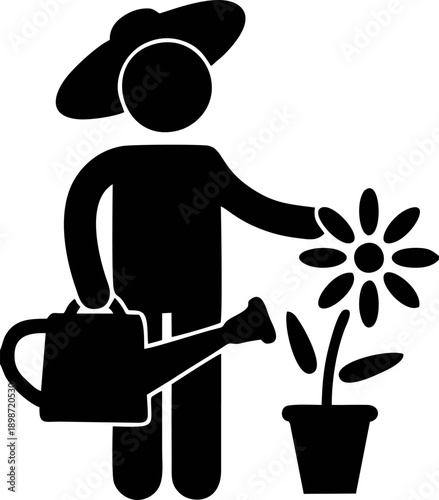 Gardener Watering Potted Flower Silhouette