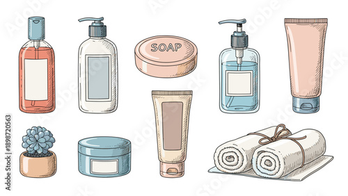 Set of bathroom and body care products including soap, lotion bottles, cream jars, and soft towels for a spa and wellness theme.