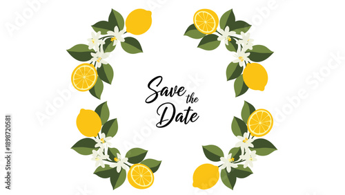 Floral Save the Date card design featuring a wreath of yellow lemons, white blossoms, and green leaves on a clean white background.