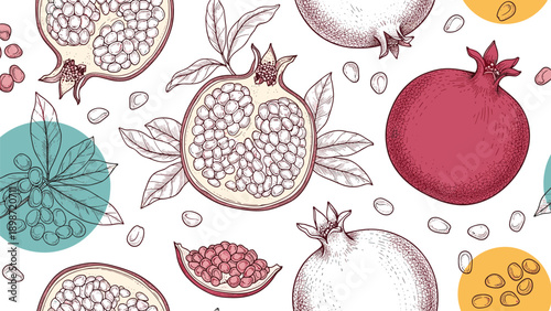 Seamless pattern of hand drawn pomegranates both whole and sliced with scattered seeds and decorative colorful circles on a white background.