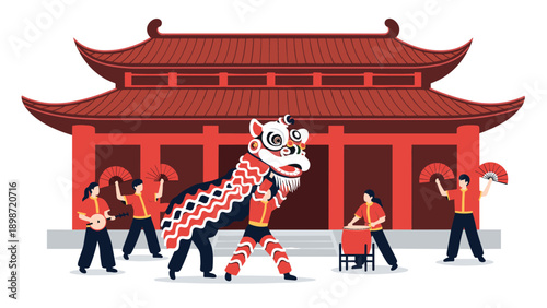 Traditional Chinese New Year celebration scene featuring a lion dance performance with music and fans in front of an ancient temple.