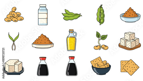Large set of various soybean products including soy milk, edamame, tofu, oil, flour, sauce, and crackers in colorful vector illustrations.