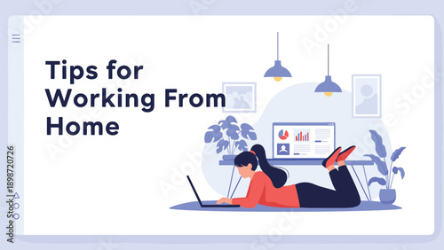 Landing page template with woman working from home on a laptop while lying on the floor in a cozy room with houseplants and data charts.