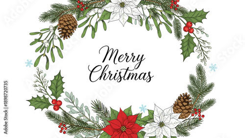 Christmas wreath made of pine branches, pinecones, mistletoe, holly with red berries, and white poinsettia flowers on a white background.