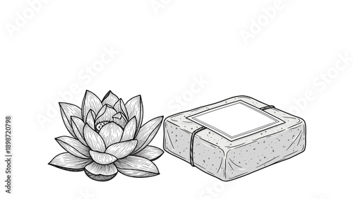 Hand drawn illustration of a natural lotus flower next to a square bar of handmade soap with a blank label in a vintage engraving style.