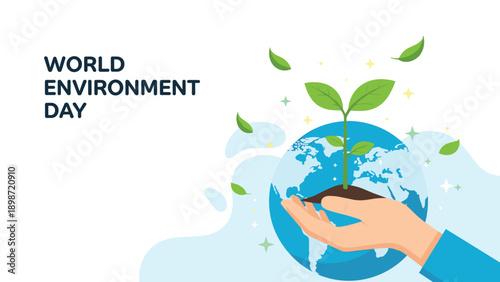 Save the planet earth concept for world environment day featuring human hands holding a blue globe with a small green seedling growing out.