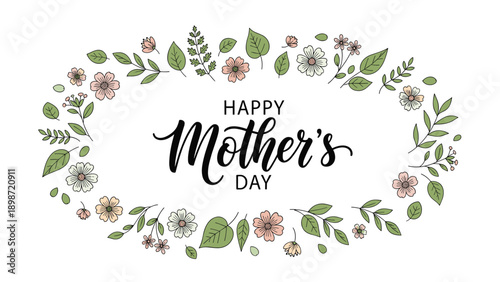 Elegant happy mothers day greeting card design with beautiful hand drawn colorful flower wreath and stylish calligraphy lettering in center.