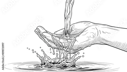 Fresh clean water pouring into cupped human hands representing environmental resources and global sustainability in detailed sketch art style.