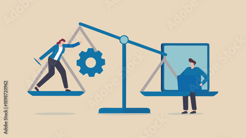 Vector illustration of business balance concept with workers adjusting gear on seesaw, for presentation or website, isolated on transparent background, png
