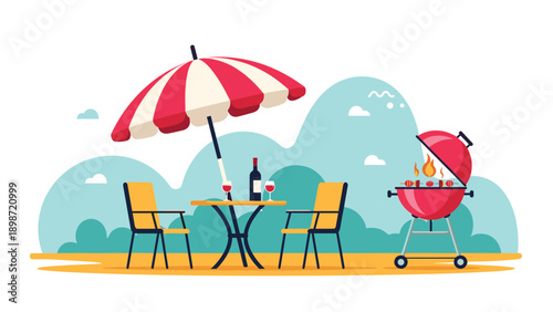 Outdoor summer barbecue area with a round table under a red striped umbrella wine bottle wine glasses and a red charcoal grill station.