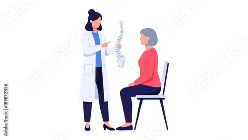 Medical Consultation: A healthcare professional points to the spine model explaining its structure and function to a seated patient, fostering communication and building trust. 