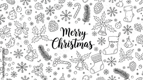 Merry christmas festive seamless background pattern with hand drawn holiday ornaments bells stockings and candy canes sketches in black.