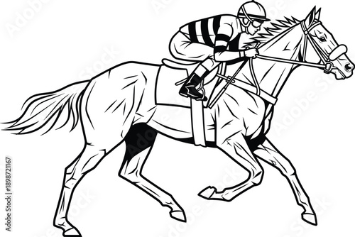 Detailed Black and White Vector Illustration of a Jockey Racing a Horse for Equestrian Sports Competition and Derby Graphic Design Concepts