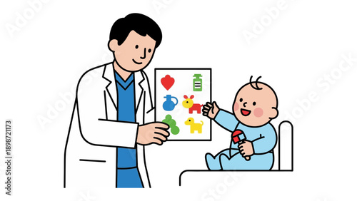 Doctor's Checkup: A nurturing doctor engages in a playful checkup with an infant, offering colorful images to stimulate and reassure, fostering trust and care.