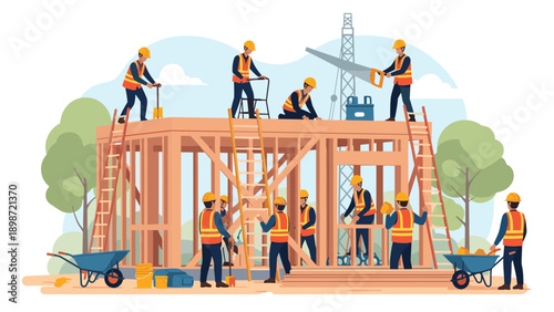 Group of construction workers wearing safety vests and hard hats building a wooden house frame under a blue sky with trees in the background.
