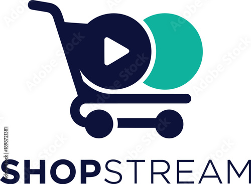 Modern and clean logo design featuring a shopping cart combined with a video play button icon representing live commerce or streaming sales applications perfectly suited for digital marketing.