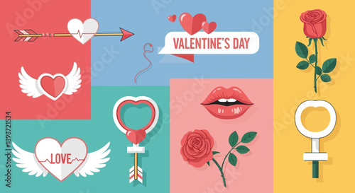 A colorful Valentine's Day graphic illustration with hearts, roses, and love symbols