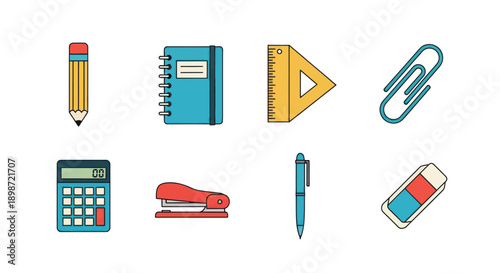 School supplies icons on white background