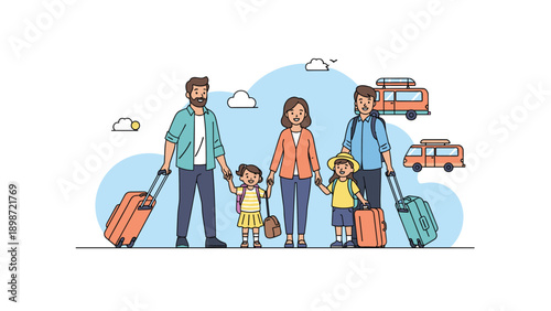 Happy family of four with suitcases and backpacks ready for a travel adventure with camper vans and clouds in the light blue background.