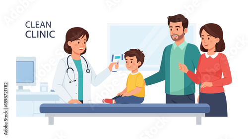 Child Health Check-up at Clinic: A caring doctor checks a young patient's temperature with his parents present in a clean clinic environment, emphasizing health and care.