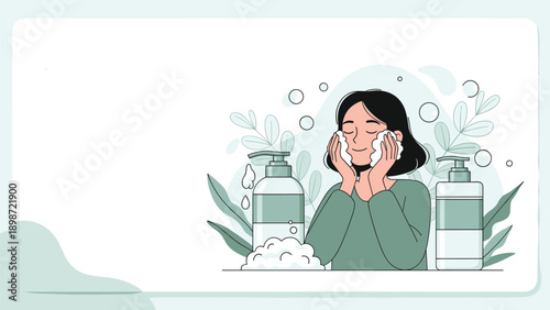 Illustration of a young woman washing her face with foam and skincare products for a daily beauty and hygiene routine concept.